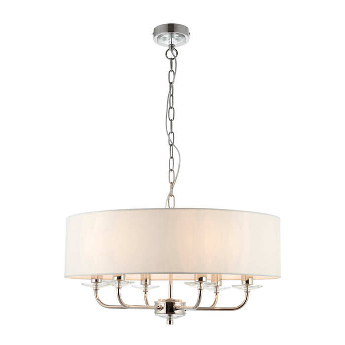 Endon 60179 Nixon 6lt Pendant Bright nickel plate & vintage white fabric 6 x 40W E14 candle (Required) - westbasedirect.com