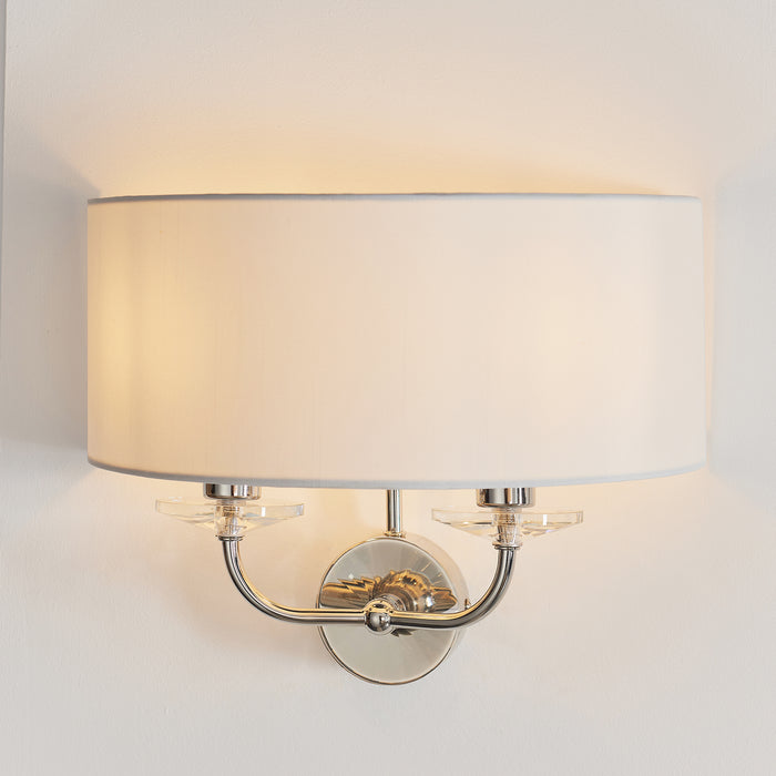 Endon 60180 Nixon 2lt Wall Bright nickel plate & vintage white fabric 2 x 40W E14 candle (Required) - westbasedirect.com