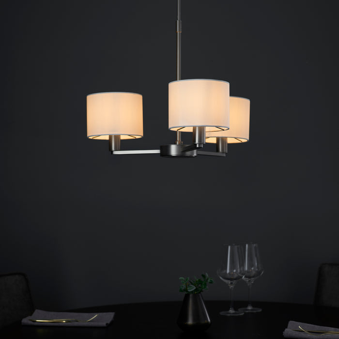 Endon 60256 Daley 3lt Pendant Matt nickel plate & vintage white fabric 3 x 40W E14 candle (Required) - westbasedirect.com
