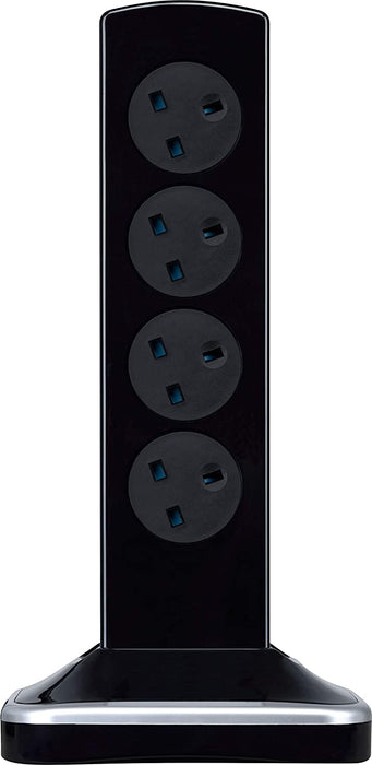 Masterplug 8 Socket 2m 13A + 2x3.1A USB Switched Surge Tower Extension Lead Gloss Black - westbasedirect.com