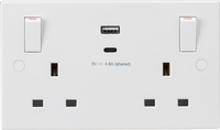 Knightsbridge SN9002 White Square 13A 2G Switched Socket + 2xUSB A+C 5V DC 4.8A Shared (Outboard Rockers)