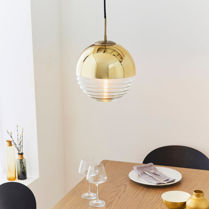 Endon 68958 Paloma 1lt Pendant Gold effect plate & clear ribbed glass 7W LED E14 (Required) - westbasedirect.com