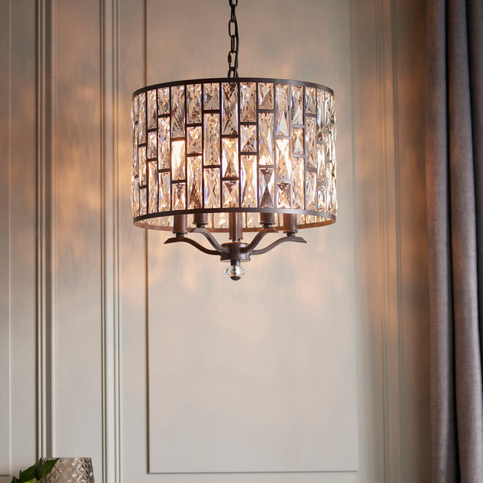 Endon 69390 Belle 5lt Pendant Dark bronze paint & clear crystal 5 x 40W E14 candle (Required) - westbasedirect.com
