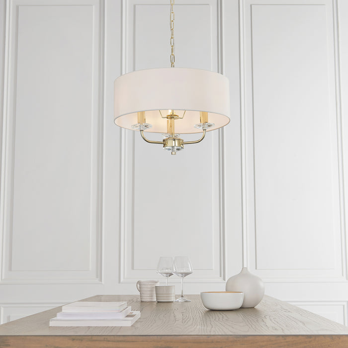 Endon 70560 Nixon 3lt Pendant Brass plate & vintage white fabric 3 x 40W E14 candle (Required) - westbasedirect.com