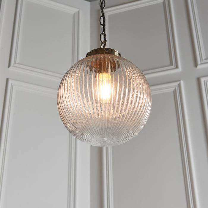 Endon 71123 Brydon 1lt Pendant Antique brass plate & clear ribbed glass 10W LED E27 (Required) - westbasedirect.com