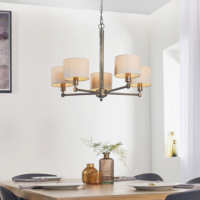 Endon 71345 Indara 5lt Pendant Hammered bronze plate & natural linen mix fabric 5 x 40W E14 golf (Required) - westbasedirect.com