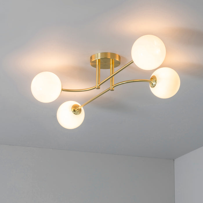 Endon 75959 Otto 4lt Semi flush Satin brass plate & opal glass 4 x 3W LED G9 (Required) - westbasedirect.com
