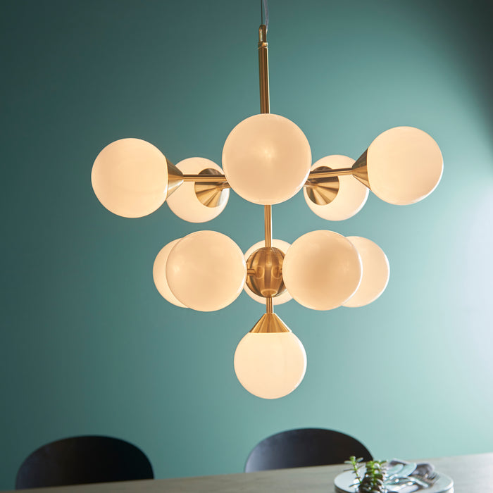 Endon 76500 Oscar 11lt Pendant Satin brass plate & gloss white glass 11 x 18W G9 clear capsule (Required) - westbasedirect.com