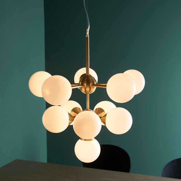 Endon 76500 Oscar 11lt Pendant Satin brass plate & gloss white glass 11 x 18W G9 clear capsule (Required) - westbasedirect.com