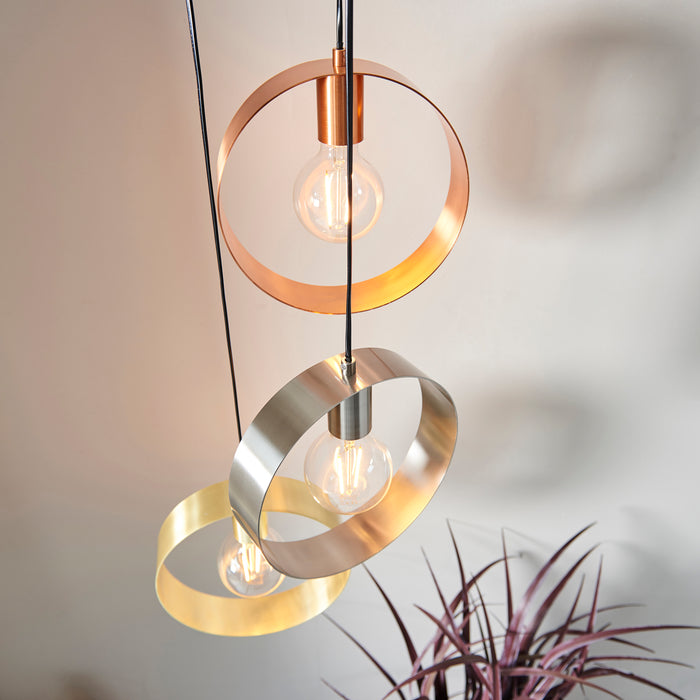 Endon 81922 Hoop 3lt Pendant Brushed brass, nickel & copper plate 3 x 40W E27 GLS (Required) - westbasedirect.com