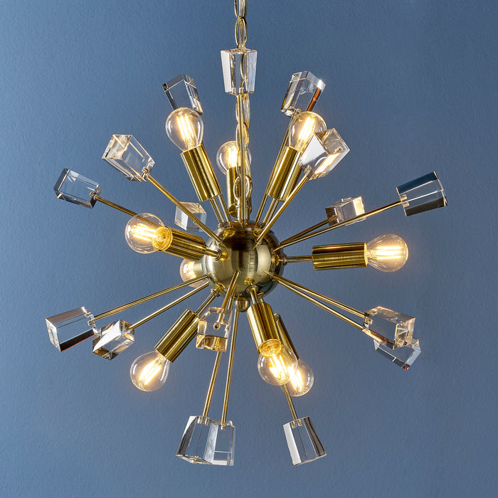 Endon 90293 Miro 9lt Pendant Satin brass plate & clear crystal 9 x 6W LED E14 (Required) - westbasedirect.com