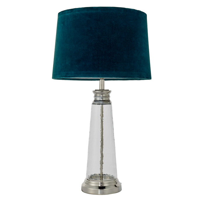 Endon 90545 Winslet 1lt Table Clear hammered glass & bright nickel plate with teal velvet 40W E27 GLS (Required) - westbasedirect.com