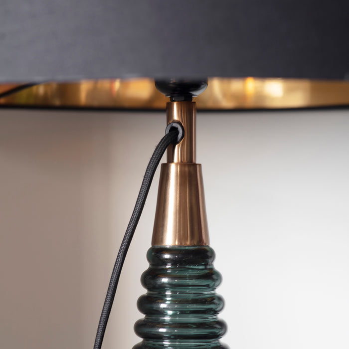Endon 93114 Naia 1lt Table Teal ribbed glass, antique brass effect plate & mocha velvet 40W E27 GLS (Required) - westbasedirect.com