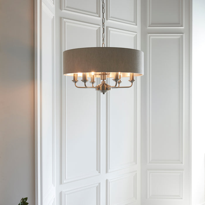 Endon 94357 Highclere 6lt Pendant Brushed chrome plate & natural linen 6 x 40W E14 candle (Required) - westbasedirect.com