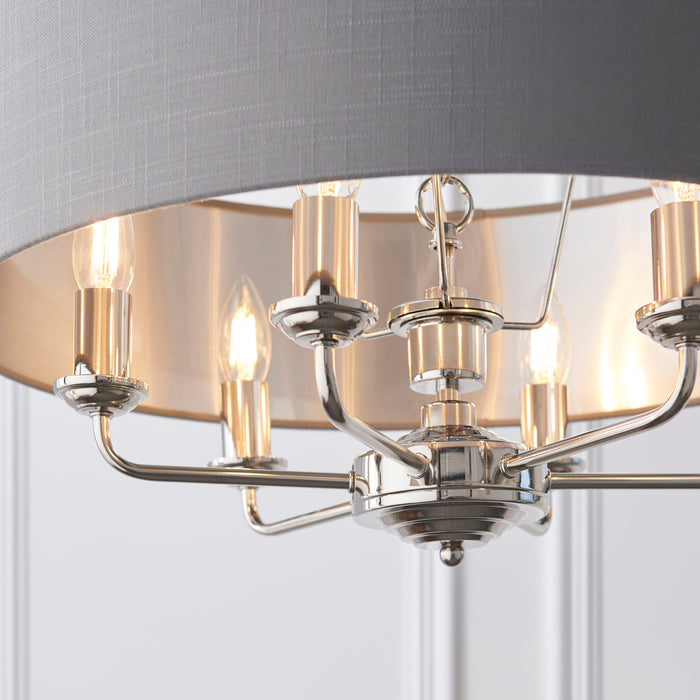 Endon 94373 Highclere 6lt Pendant Bright nickel plate & charcoal fabric 6 x 40W E14 candle (Required) - westbasedirect.com
