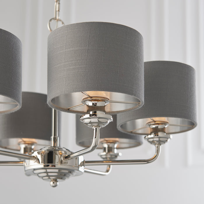 Endon 94381 Highclere 6lt Pendant Bright nickel plate & charcoal fabric 6 x 28W E14 Eco golf (Required) - westbasedirect.com