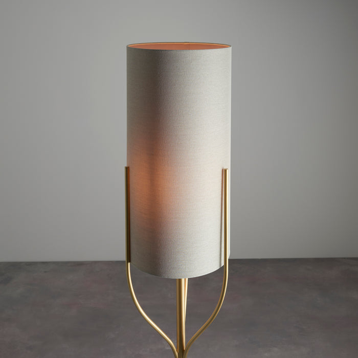 Endon 95466 Fraser 1lt Floor Satin brass plate & natural linen mix fabric 10W LED E27 (Required) - westbasedirect.com