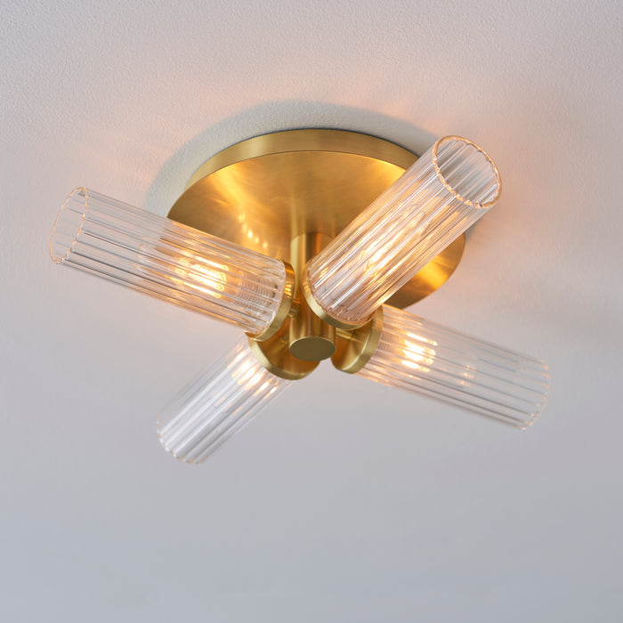 Endon 96160 Talo 4lt Semi flush Satin brass plate & clear ribbed glass 4 x 3W LED G9 (Required) - westbasedirect.com