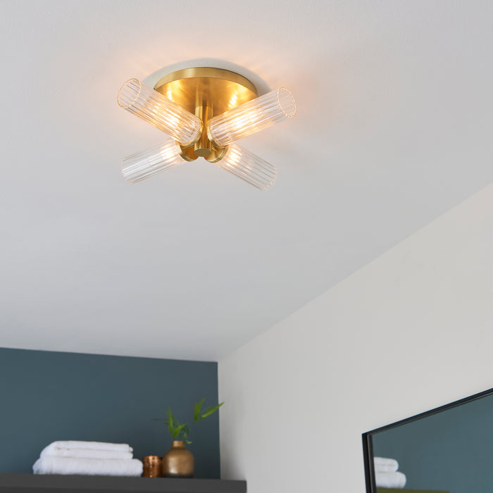 Endon 96160 Talo 4lt Semi flush Satin brass plate & clear ribbed glass 4 x 3W LED G9 (Required) - westbasedirect.com