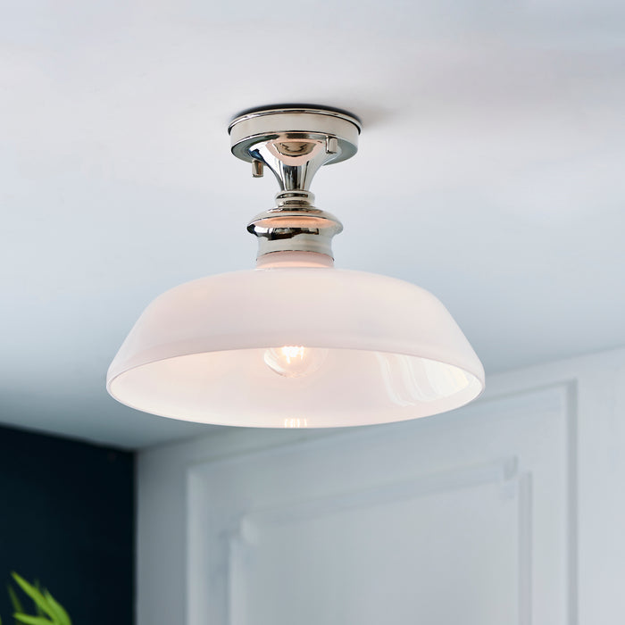Endon 96183 Barford 1lt Semi flush Bright nickel plate & gloss opal glass 10W LED E27 (Required) - westbasedirect.com
