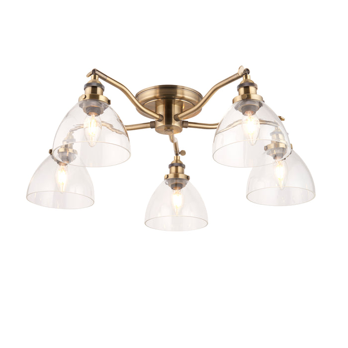 Endon 97248 Hansen 5lt Semi flush Antique brass plate & clear glass 5 x 7W LED E14 (Required) - westbasedirect.com