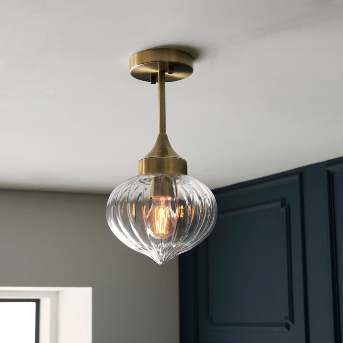 Endon 97684 Addington 1lt Semi flush Antique brass plate & clear ribbed glass 10W LED E27 (Required) - westbasedirect.com