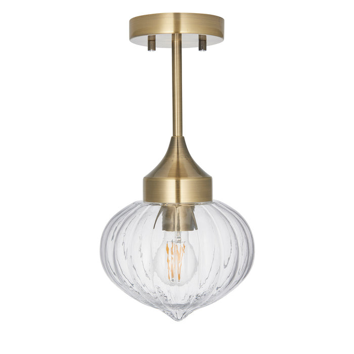 Endon 97684 Addington 1lt Semi flush Antique brass plate & clear ribbed glass 10W LED E27 (Required) - westbasedirect.com