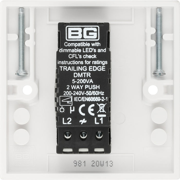 BG 981 White Square Edge 2-Way Single Trailing Edge Dimmer Push On/Off - westbasedirect.com