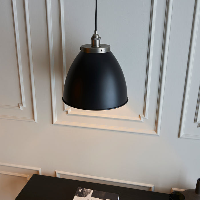Endon 98749 Franklin 1lt Pendant Aged pewter plate & matt black paint 10W LED E27 (Required) - westbasedirect.com