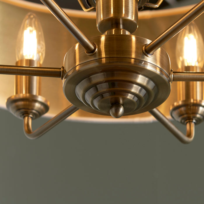 Endon 98933 Highclere 6lt Pendant Antique brass plate & vintage white fabric 6 x 40W E14 candle (Required) - westbasedirect.com