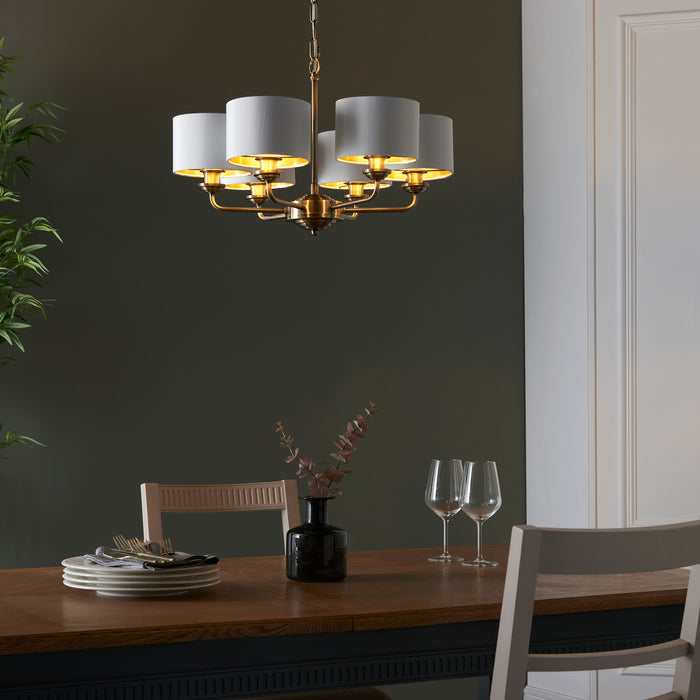 Endon 98936 Highclere 6lt Pendant Antique brass plate & vintage white fabric 6 x 28W E14 Eco golf (Required) - westbasedirect.com