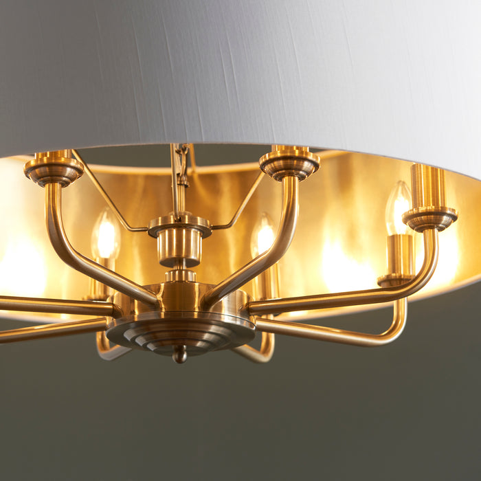 Endon 98938 Highclere 8lt Pendant Antique brass plate & vintage white fabric 8 x 40W E14 candle (Required) - westbasedirect.com
