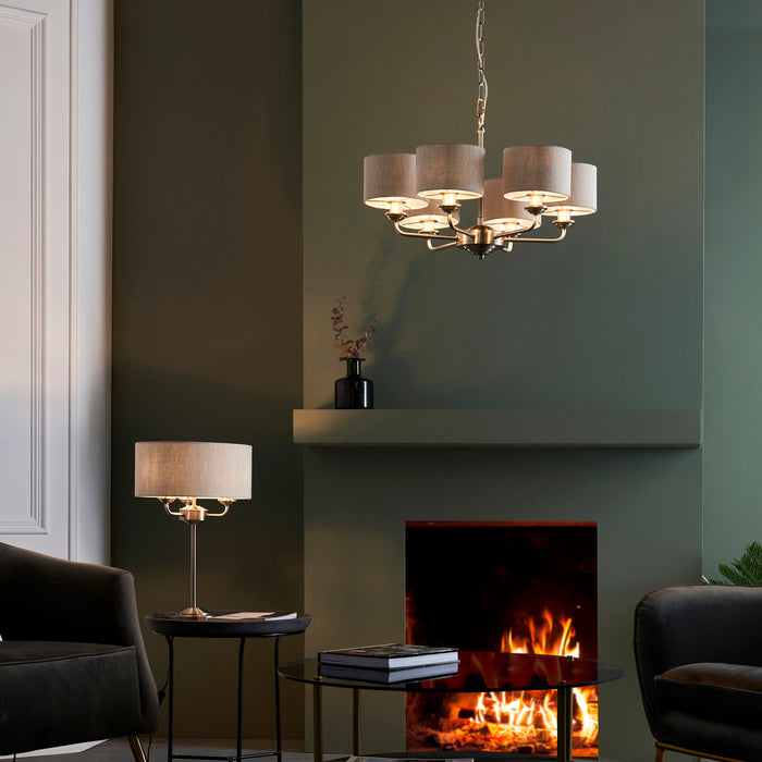 Endon 99151 Highclere 6lt Pendant Brushed chrome plate & natural linen 6 x 28W E14 Eco golf (Required) - westbasedirect.com