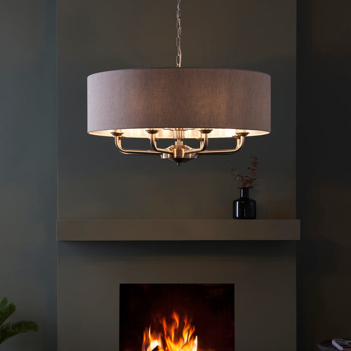 Endon 99152 Highclere 8lt Pendant Brushed chrome plate & natural linen 8 x 40W E14 candle (Required) - westbasedirect.com