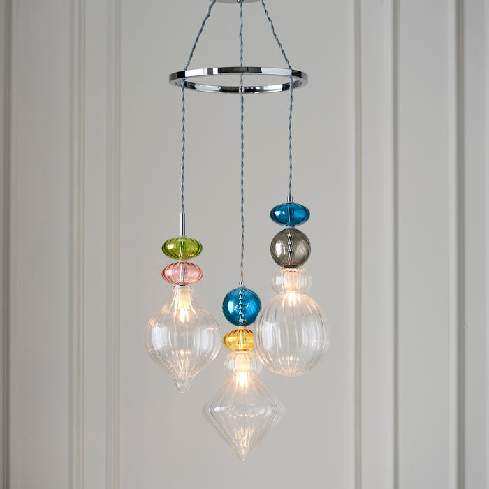 Endon 99786 April 3lt Pendant Chrome plate, clear & multi coloured glass 3 x 3W LED G9 (Required) - westbasedirect.com