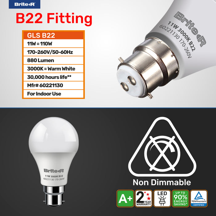 Brite-R 11W B22 BC GLS LED Bulb Warm White 3000K - westbasedirect.com