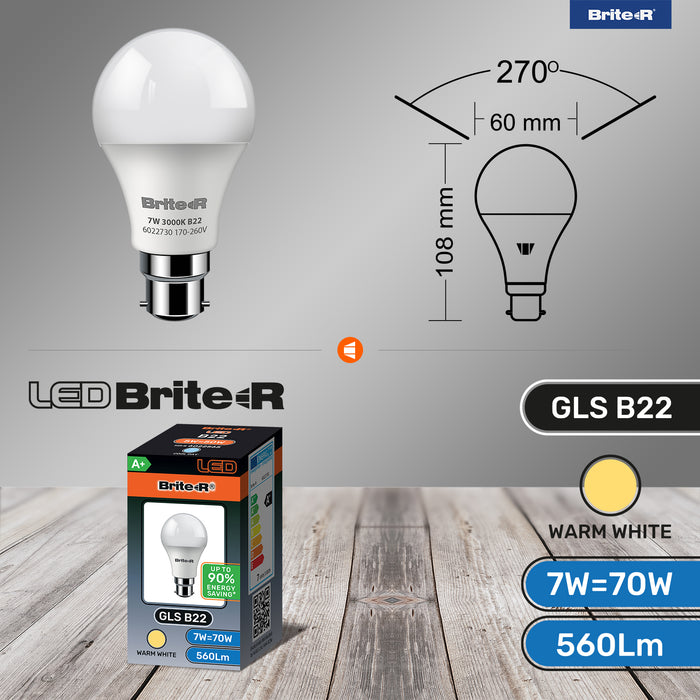 Brite-R 7W B22 BC GLS LED Bulb Warm White 3000K - westbasedirect.com