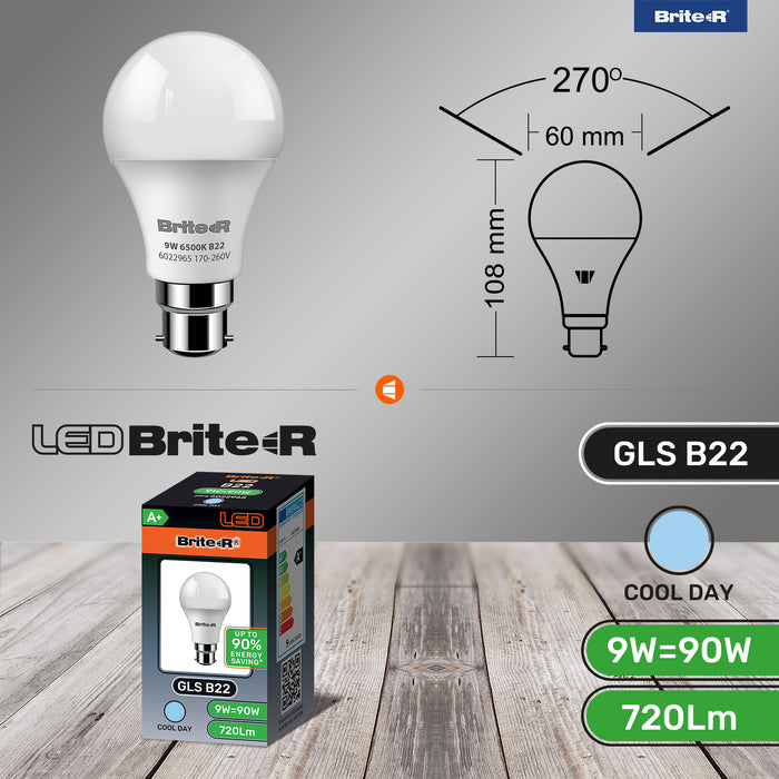 Brite-R 9W B22 BC GLS LED Bulb Cool White 6500K - westbasedirect.com