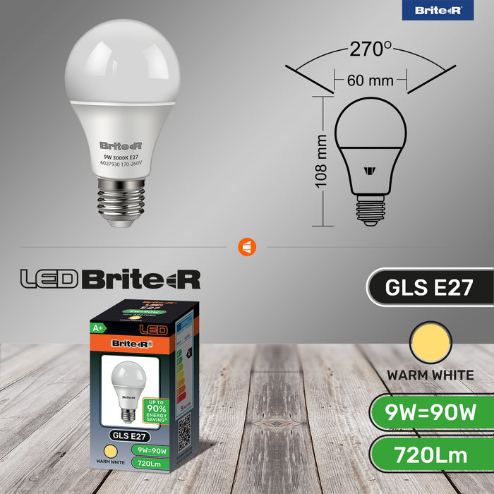 Brite-R 9W E27 ES GLS LED Bulb Warm White 3000K - westbasedirect.com