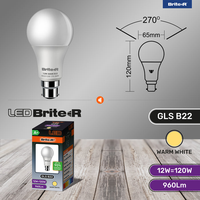 Brite-R 12W B22 BC GLS LED Bulb Warm White 3000K - westbasedirect.com