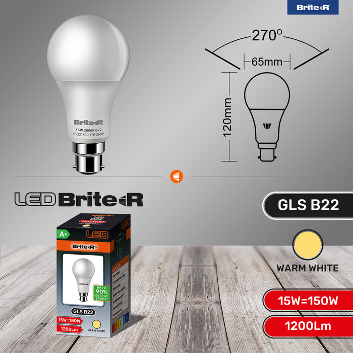 Brite-R 15W B22 BC GLS LED Bulb Warm White 3000K - westbasedirect.com