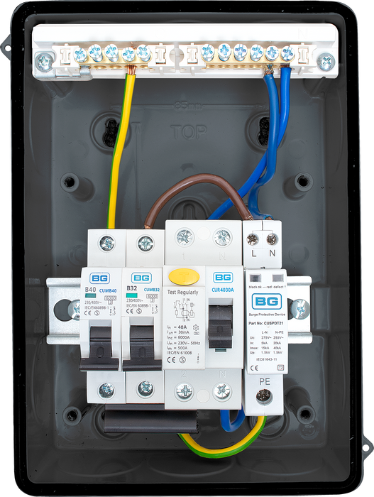 BG CFEV2 IP65 Weatherproof Metal EV Charger Circuit Protection with 100A Main Switch, 40A B Curve MCB & Type 2 SPD - westbasedirect.com