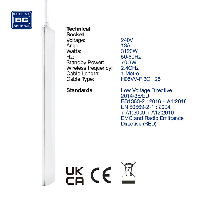 BG EHC31 3 Socket 1m 13A Smart Extension Lead White - westbasedirect.com