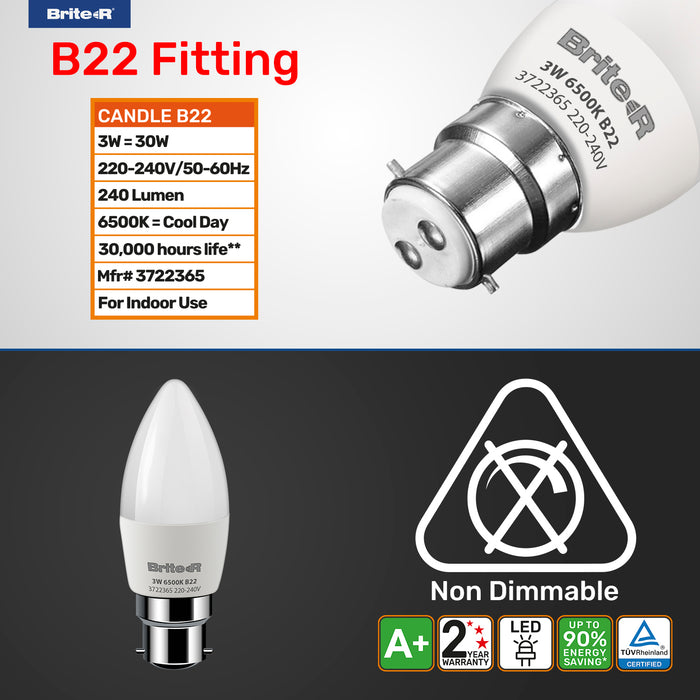 Brite-R 3W B22 BC Candle LED Bulb Cool White 6500K - westbasedirect.com