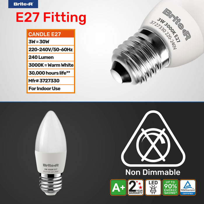 Brite-R 3W E27 ES Candle LED Bulb Warm White 3000K - westbasedirect.com