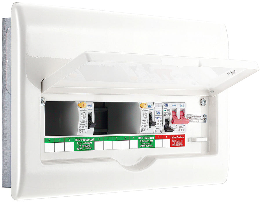 BG CFFD100808ASPD 16 Module 8 Way Fully Recessed Unpopulated + 100A Switch, 1x100A, 1x80A Type A 30mA RCD, 1xSPD & 1x32A MCB - westbasedirect.com