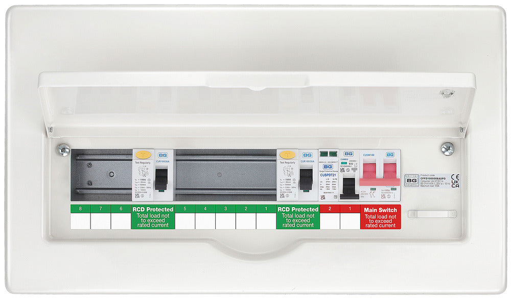 BG CFFD100808ASPD 16 Module 8 Way Fully Recessed Unpopulated + 100A Switch, 1x100A, 1x80A Type A 30mA RCD, 1xSPD & 1x32A MCB - westbasedirect.com