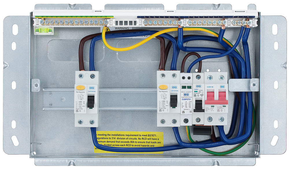 BG CFFD100808ASPD 16 Module 8 Way Fully Recessed Unpopulated + 100A Switch, 1x100A, 1x80A Type A 30mA RCD, 1xSPD & 1x32A MCB - westbasedirect.com