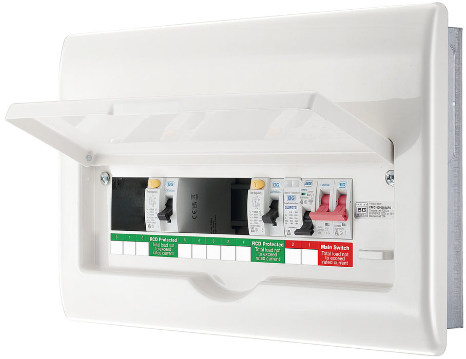 BG CFFD100808ASPD 16 Module 8 Way Fully Recessed Unpopulated + 100A Switch, 1x100A, 1x80A Type A 30mA RCD, 1xSPD & 1x32A MCB - westbasedirect.com