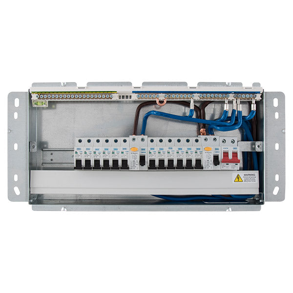 BG CFFDP18616 22 Module 16 Way Fully Recessed Populated + 100A Switch, 1x80A, 1x63A 30mA RCD & 12xMCBs - westbasedirect.com